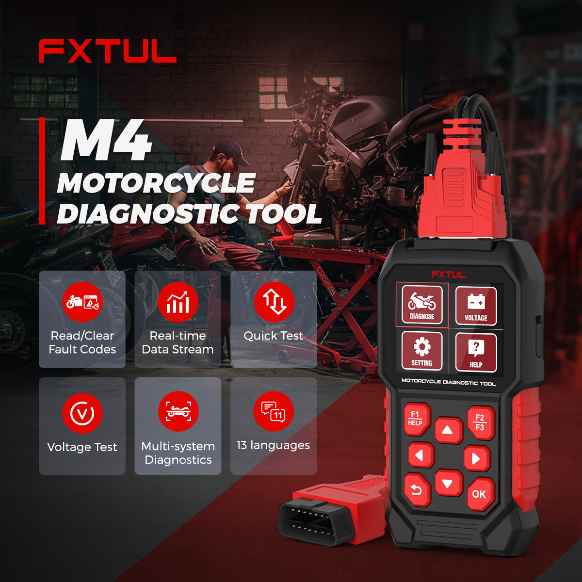 FXTUL M4-EU Motorcycle Diagnostic Tool OBD2 Code Reader Scan Tool For Kawasakis Yamaha Honda Vespa Suzuki PIAGGIO KTM APRILIA TRIUMPH Royal Enfield