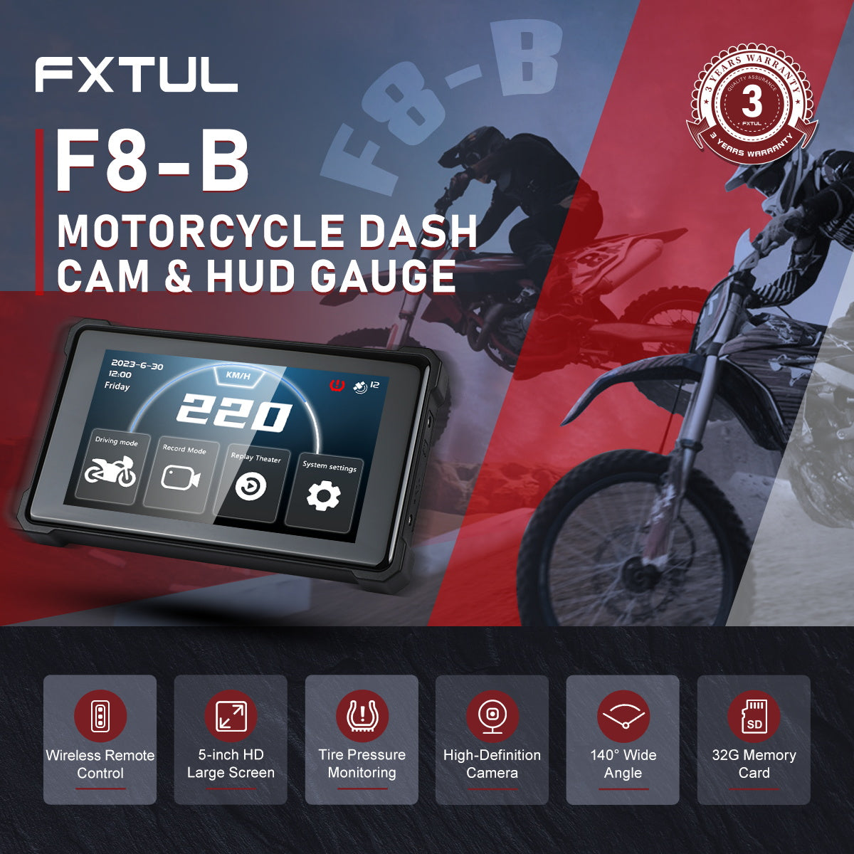 FXTUL F8-B Motorcycle DASH CAM & HUD Gauge