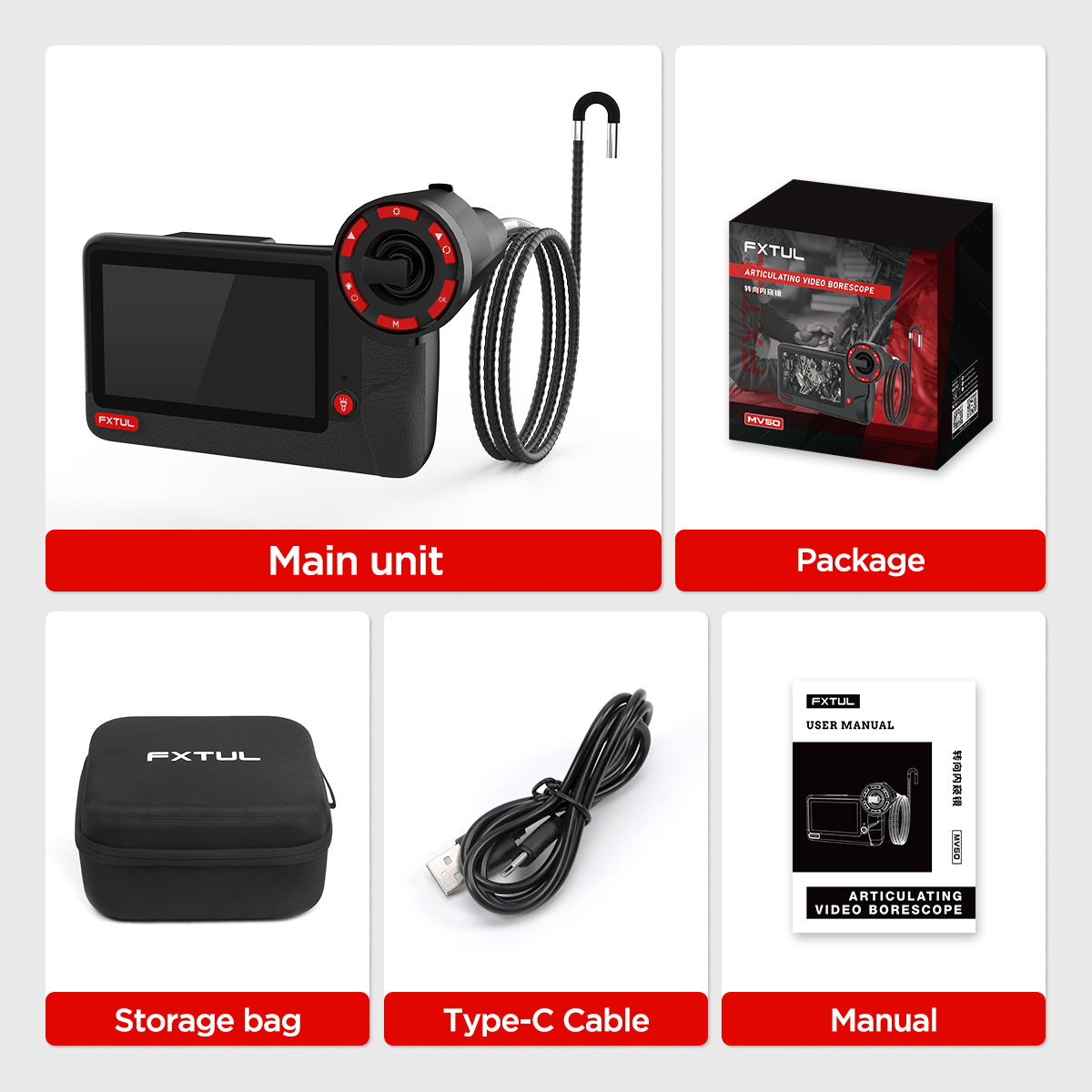 FXTUL MV50 Motorcycle Borescope Camera 210°  Angle 32GB Memory