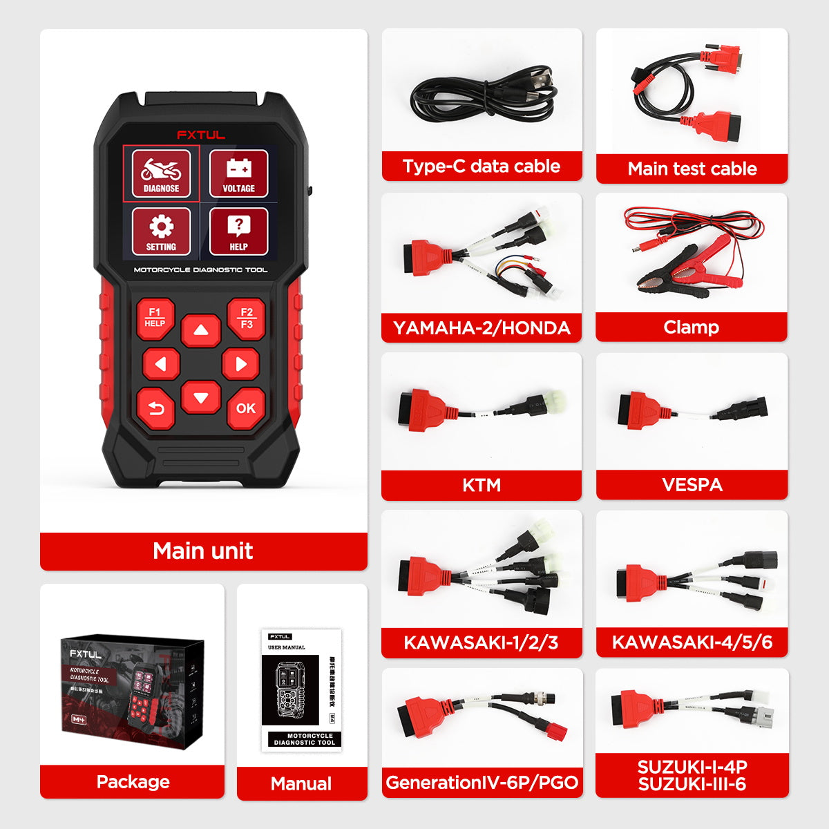 FXTUL M4-EU Motorcycle Diagnostic Tool OBD2 Code Reader Scan Tool For Kawasakis Yamaha Honda Vespa Suzuki PIAGGIO KTM APRILIA TRIUMPH Royal Enfield